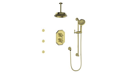 Vogt Carinthia 3-Way Thermostatic Shower System with Body Jets, 6" Ceiling Arm, in Brushed Gold with Round Handle – SET.C1.320.816.BG