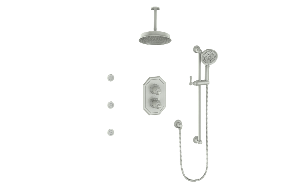 Vogt Carinthia 3-Way Thermostatic Shower System with Body Jets, 6" Ceiling Arm, in Brushed Nickel with Round Handle – SET.C1.320.816.BN