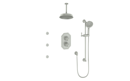 Vogt Carinthia 3-Way Thermostatic Shower System with Body Jets, 6" Ceiling Arm, in Brushed Nickel with Round Handle – SET.C1.320.816.BN