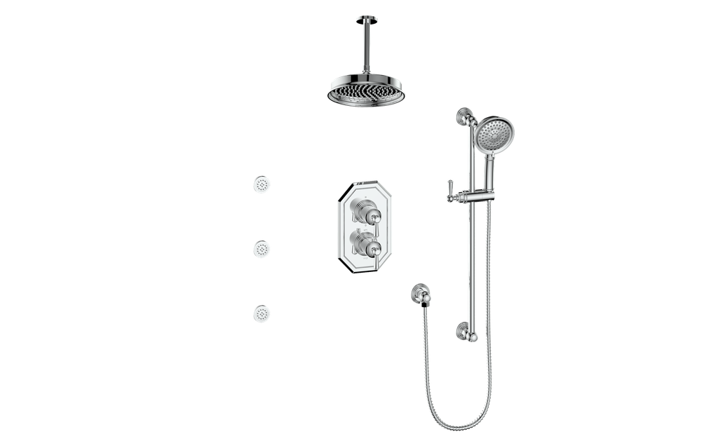 Vogt Carinthia 3-Way Thermostatic Shower System with Body Jets, 6" Ceiling Arm, in Polished Chrome with Round Handle – SET.C1.320.816.CC