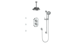 Vogt Carinthia 3-Way Thermostatic Shower System with Body Jets, 6" Ceiling Arm, in Polished Chrome with Round Handle – SET.C1.320.816.CC