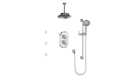Vogt Carinthia 3-Way Thermostatic Shower System with Body Jets, 6" Ceiling Arm, in Polished Chrome with Round Handle – SET.C1.320.816.CC