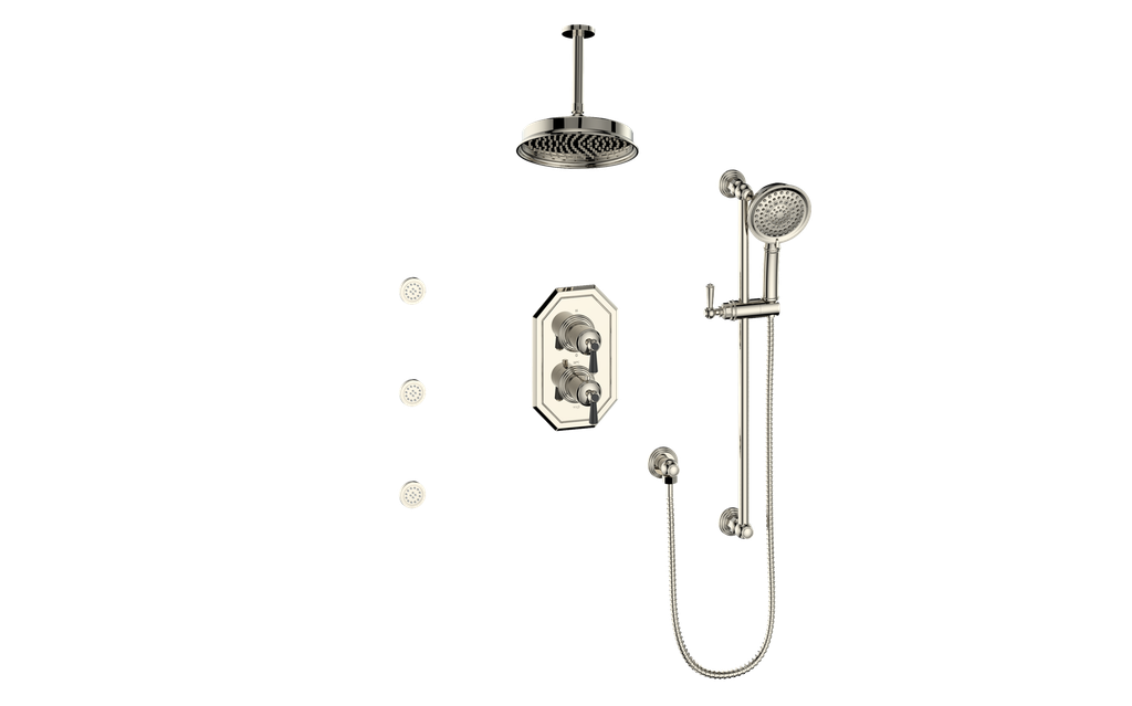 Vogt Carinthia 3-Way Thermostatic Shower System with Body Jets, 6" Ceiling Arm, in Polished Nickel & Matte Black with Round Handle – SET.C1.320.816.PB