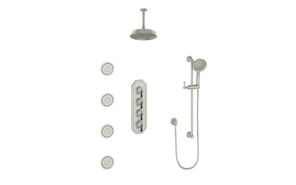 Vogt Carinthia 3/4" High-Flow Thermostatic Shower System with Body Jets, 6" Ceiling Arm, in Brushed Nickel & Matte Black with Round Handle – SET.C1.350.936.BB