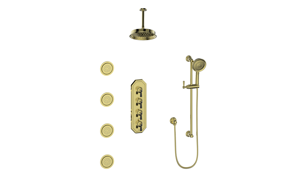 Vogt Carinthia 3/4" High-Flow Thermostatic Shower System with Body Jets, 6" Ceiling Arm, in Brushed Gold & Matte Black with Round Handle – SET.C1.350.936.BGB