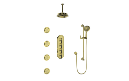 Vogt Carinthia 3/4" High-Flow Thermostatic Shower System with Body Jets, 6" Ceiling Arm, in Brushed Gold & Matte Black with Round Handle – SET.C1.350.936.BGB