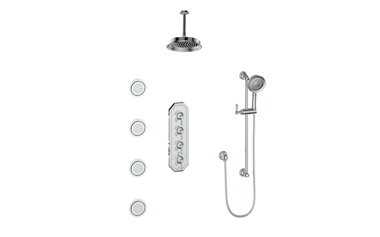 Vogt Carinthia 3/4" High-Flow Thermostatic Shower System with Body Jets, 6" Ceiling Arm, in Polished Chrome with Round Handle – SET.C1.350.936.CC