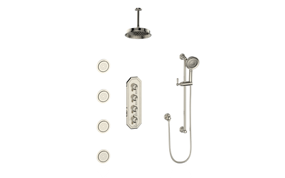 Vogt Carinthia 3/4" High-Flow Thermostatic Shower System with Body Jets, 6" Ceiling Arm, in Polished Nickel with Round Handle – SET.C1.350.936.PN