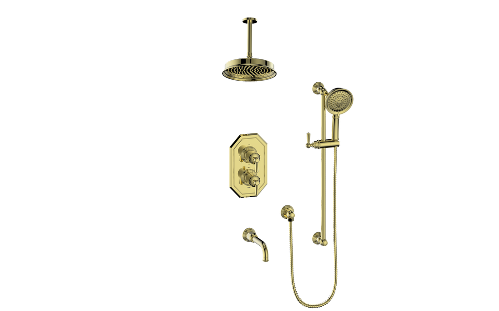 Vogt Carinthia 3-Way Thermostatic Shower System, 6" Ceiling Arm, in Brushed Gold with Round Handle – SET.C11.320.316.BG
