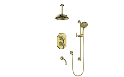 Vogt Carinthia 3-Way Thermostatic Shower System, 6" Ceiling Arm, in Brushed Gold & Matte Black with Round Handle – SET.C11.320.316.BGB