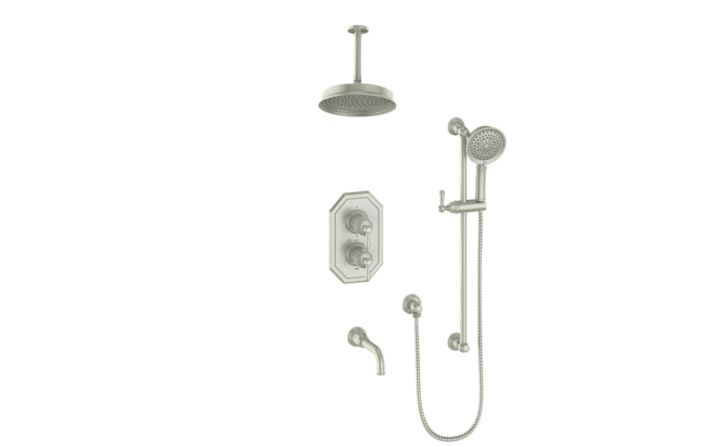 Vogt Carinthia 3-Way Thermostatic Shower System, 6" Ceiling Arm, in Brushed Nickel with Round Handle – SET.C11.320.316.BN