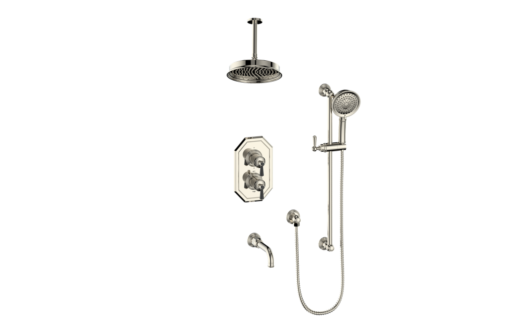 Vogt Carinthia 3-Way Thermostatic Shower System, 6" Ceiling Arm, in Polished Nickel & Matte Black with Round Handle – SET.C11.320.316.PB