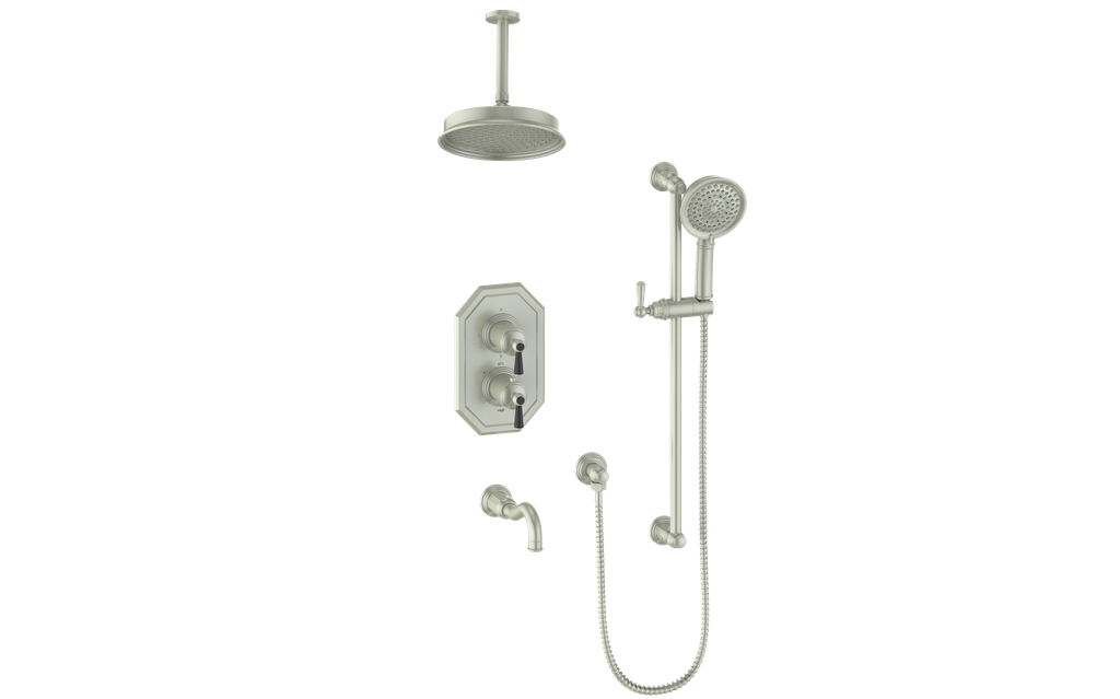 Vogt Carinthia 3-Way Thermostatic Shower System, 6" Ceiling Arm, in Brushed Nickel & Matte Black with Round Handle – SET.C12.320.316.BB