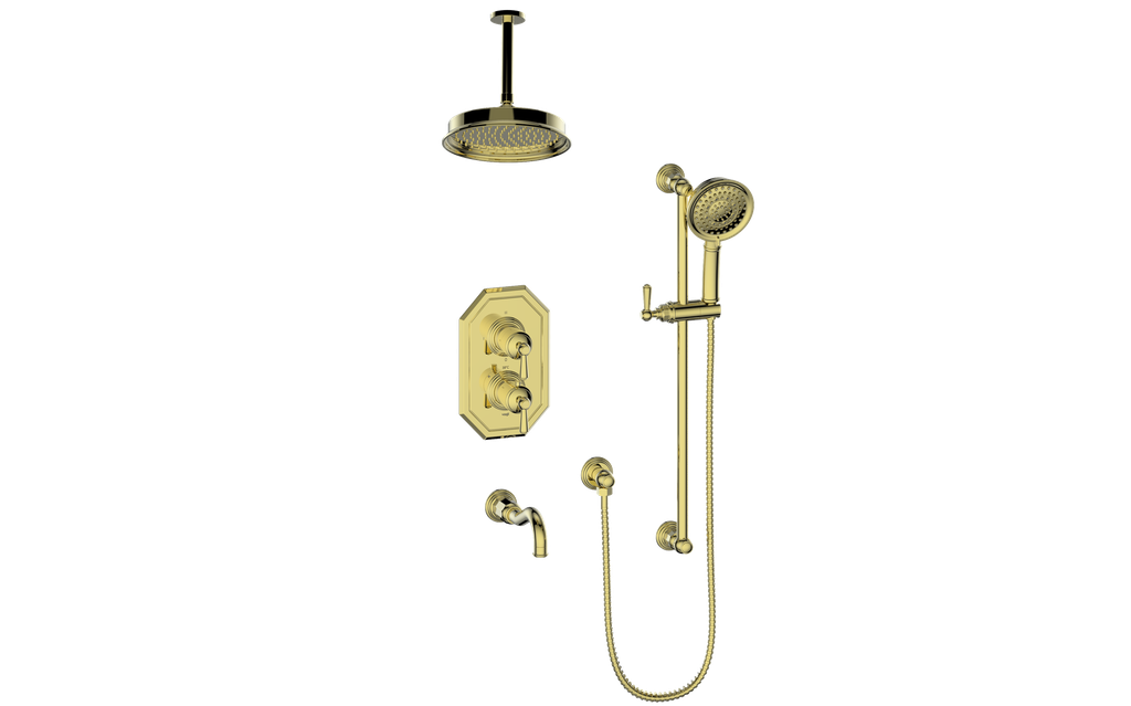 Vogt Carinthia 3-Way Thermostatic Shower System, 6" Ceiling Arm, in Brushed Gold with Round Handle – SET.C12.320.316.BG