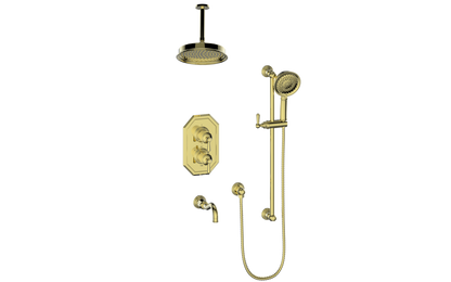 Vogt Carinthia 3-Way Thermostatic Shower System, 6" Ceiling Arm, in Brushed Gold with Round Handle – SET.C12.320.316.BG
