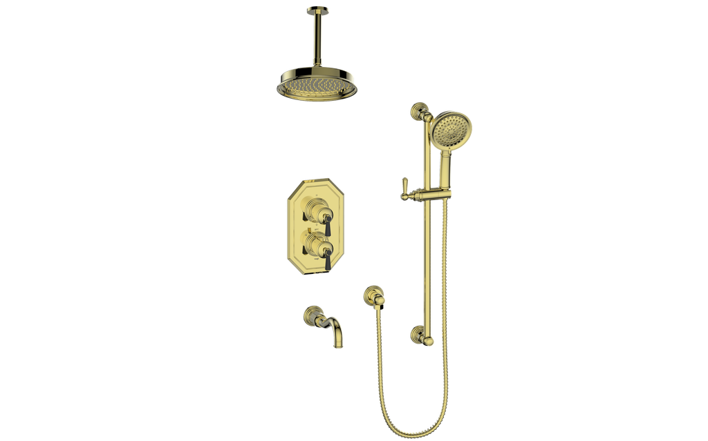 Vogt Carinthia 3-Way Thermostatic Shower System, 6" Ceiling Arm, in Brushed Gold & Matte Black with Round Handle – SET.C12.320.316.BGB