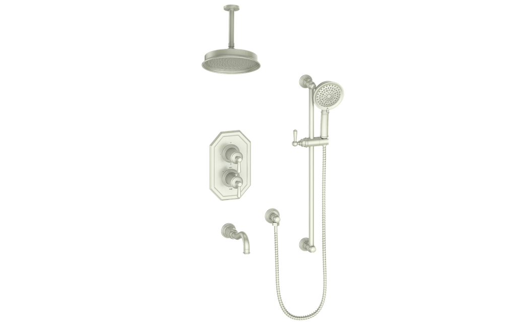 Vogt Carinthia 3-Way Thermostatic Shower System, 6" Ceiling Arm, in Brushed Nickel with Round Handle – SET.C12.320.316.BN