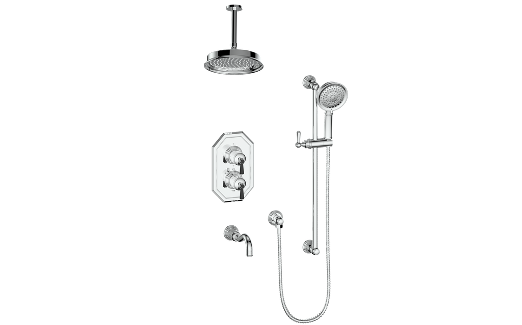 Vogt Carinthia 3-Way Thermostatic Shower System, 6" Ceiling Arm, in Chrome & Matte Black with Round Handle – SET.C12.320.316.CB
