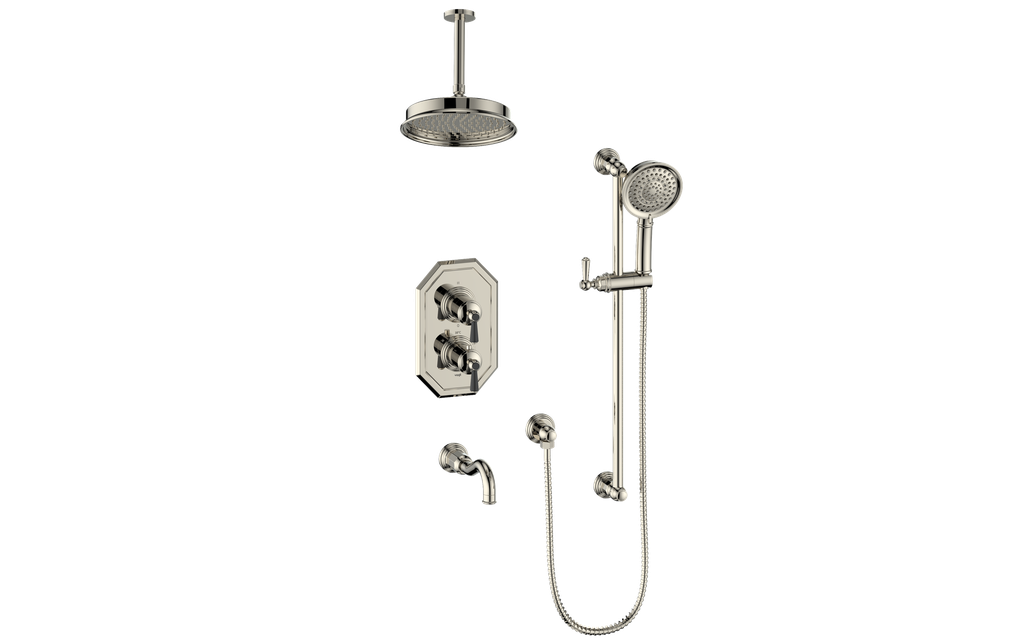Vogt Carinthia 3-Way Thermostatic Shower System, 6" Ceiling Arm, in Polished Nickel & Matte Black with Round Handle – SET.C12.320.316.PB