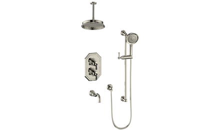 Vogt Carinthia 3-Way Thermostatic Shower System, 6" Ceiling Arm, in Polished Nickel & Matte Black with Round Handle – SET.C12.320.316.PB