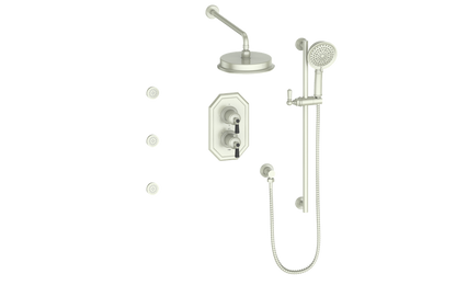 Vogt Carinthia 3-Way Thermostatic Shower System with Body Jets in Brushed Nickel & Matte Black with Octagonal Handle – SET.C2.320.810.BB