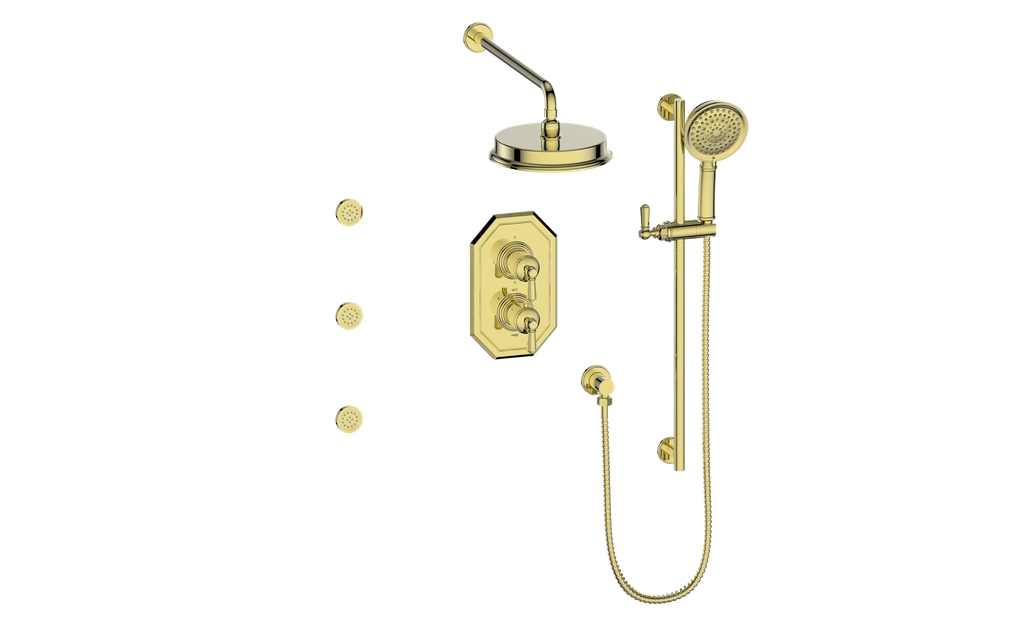 Vogt Carinthia 3-Way Thermostatic Shower System with Body Jets in Brushed Gold with Octagonal Handle – SET.C2.320.810.BG