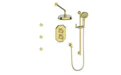 Vogt Carinthia 3-Way Thermostatic Shower System with Body Jets in Brushed Gold with Octagonal Handle – SET.C2.320.810.BG