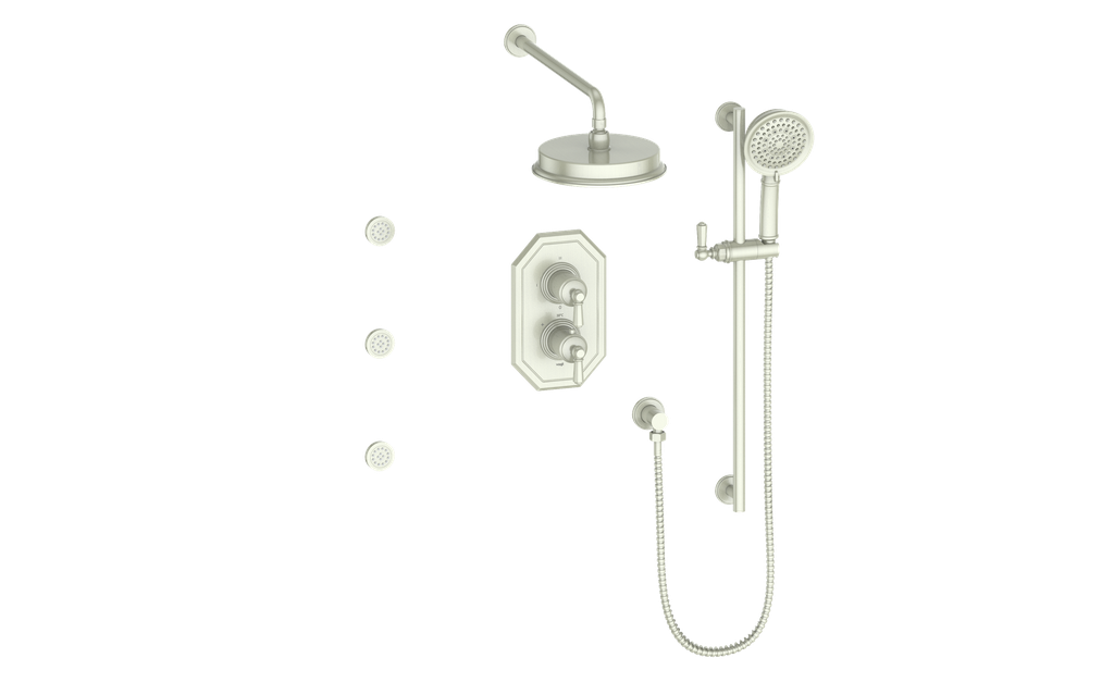 Vogt Carinthia 3-Way Thermostatic Shower System with Body Jets in Brushed Nickel with Octagonal Handle – SET.C2.320.810.BN