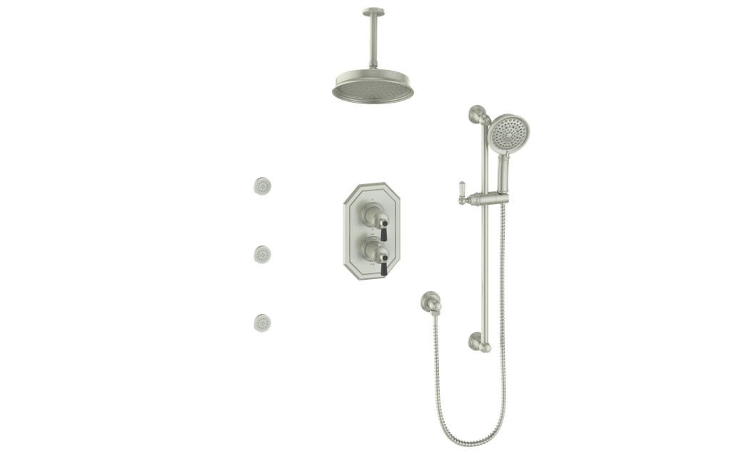 Vogt Carinthia 3-Way Thermostatic Shower System with Body Jets, 6" Ceiling Arm, in Brushed Nickel & Matte Black with Octagonal Handle – SET.C2.320.816.BB
