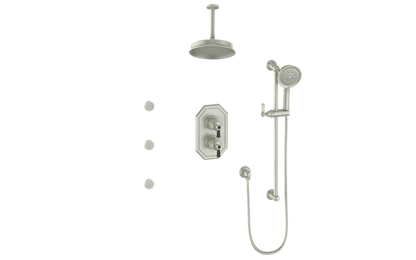 Vogt Carinthia 3-Way Thermostatic Shower System with Body Jets, 6" Ceiling Arm, in Brushed Nickel & Matte Black with Octagonal Handle – SET.C2.320.816.BB