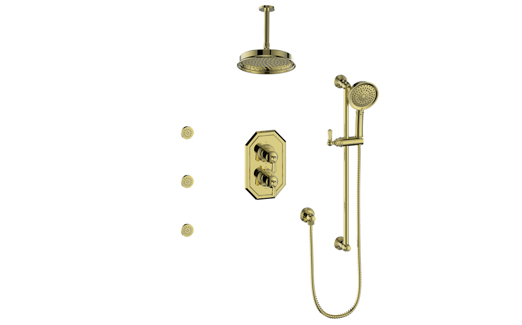 Vogt Carinthia 3-Way Thermostatic Shower System with Body Jets, 6" Ceiling Arm, in Brushed Gold with Octagonal Handle – SET.C2.320.816.BG