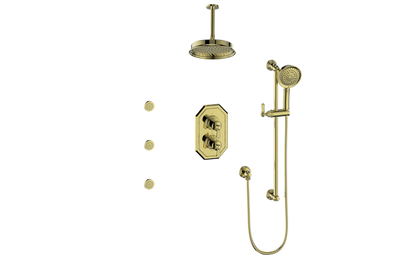 Vogt Carinthia 3-Way Thermostatic Shower System with Body Jets, 6" Ceiling Arm, in Brushed Gold with Octagonal Handle – SET.C2.320.816.BG