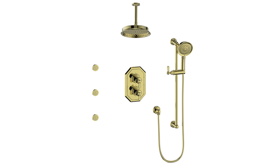 Vogt Carinthia 3-Way Thermostatic Shower System with Body Jets, 6" Ceiling Arm, in Brushed Gold with Octagonal Handle – SET.C2.320.816.BG