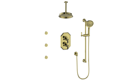Vogt Carinthia 3-Way Thermostatic Shower System with Body Jets, 6" Ceiling Arm, in Brushed Gold & Matte Black with Octagonal Handle – SET.C2.320.816.BGB