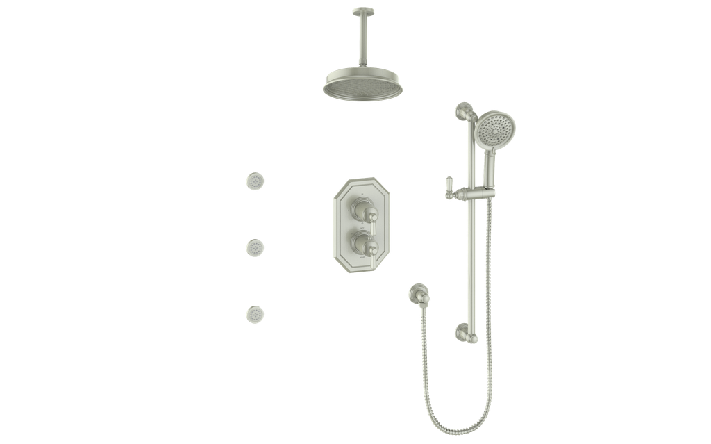 Vogt Carinthia 3-Way Thermostatic Shower System with Body Jets, 6" Ceiling Arm, in Brushed Nickel with Octagonal Handle – SET.C2.320.816.BN