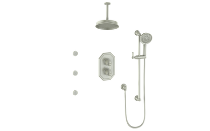 Vogt Carinthia 3-Way Thermostatic Shower System with Body Jets, 6" Ceiling Arm, in Brushed Nickel with Octagonal Handle – SET.C2.320.816.BN