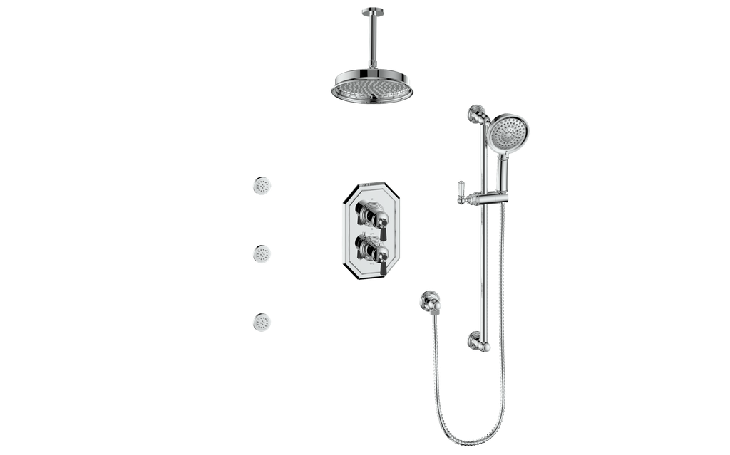 Vogt Carinthia 3-Way Thermostatic Shower System with Body Jets, 6" Ceiling Arm, in Chrome & Matte Black with Octagonal Handle – SET.C2.320.816.CB
