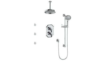 Vogt Carinthia 3-Way Thermostatic Shower System with Body Jets, 6" Ceiling Arm, in Chrome & Matte Black with Octagonal Handle – SET.C2.320.816.CB