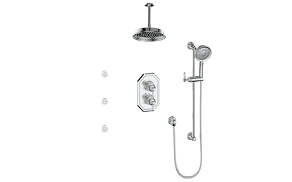 Vogt Carinthia 3-Way Thermostatic Shower System with Body Jets, 6" Ceiling Arm, in Polished Chrome with Octagonal Handle – SET.C2.320.816.CC