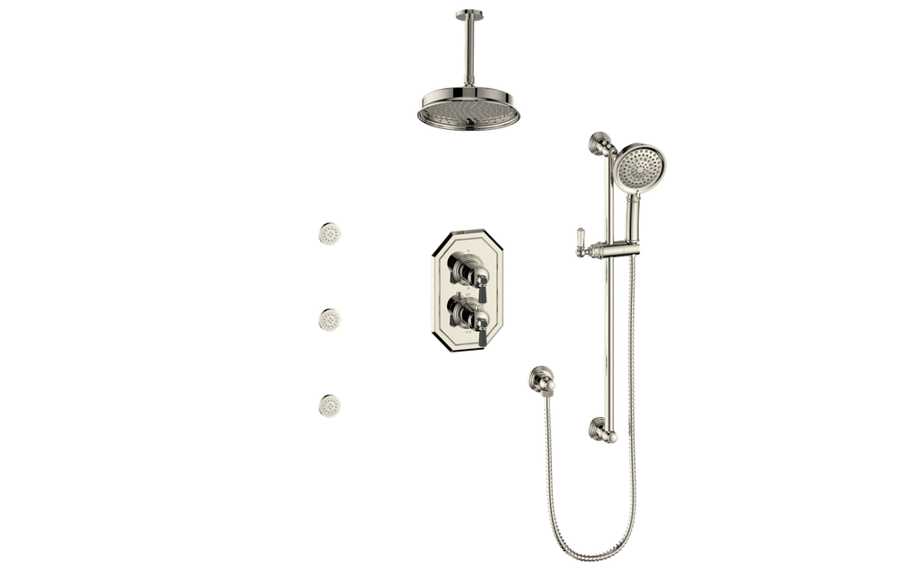 Vogt Carinthia 3-Way Thermostatic Shower System with Body Jets, 6" Ceiling Arm, in Polished Nickel & Matte Black with Octagonal Handle – SET.C2.320.816.PB