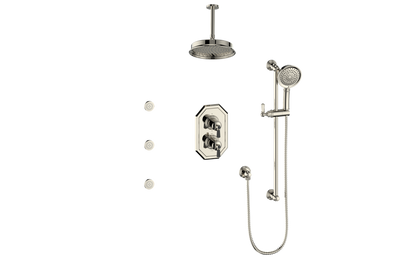 Vogt Carinthia 3-Way Thermostatic Shower System with Body Jets, 6" Ceiling Arm, in Polished Nickel & Matte Black with Octagonal Handle – SET.C2.320.816.PB
