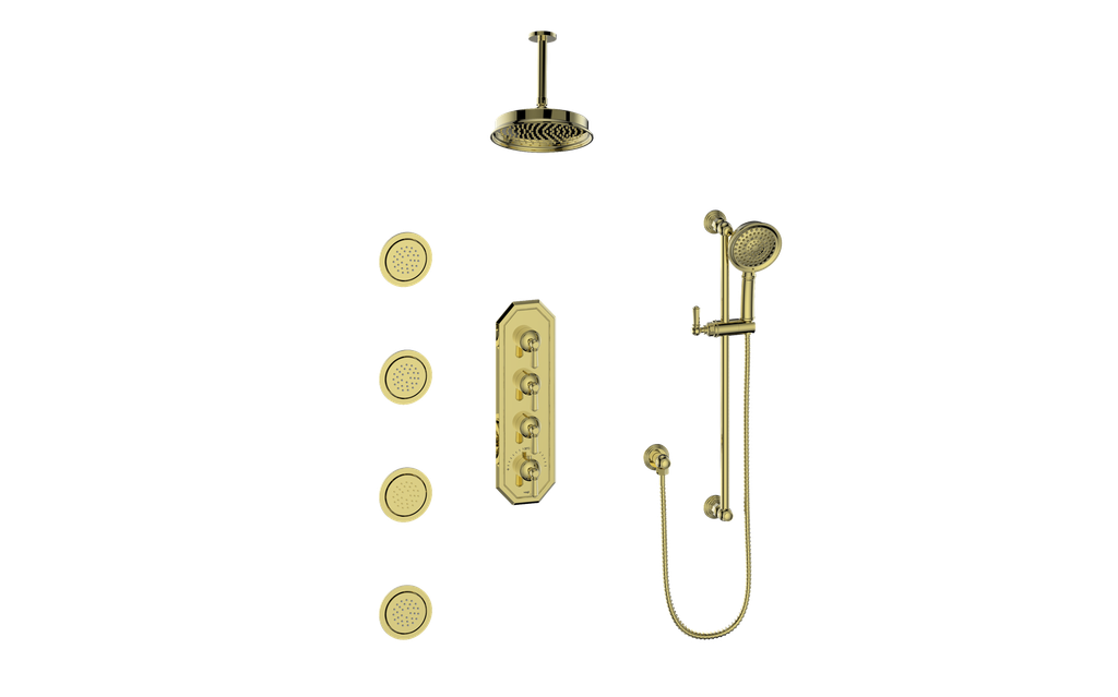 Vogt Carinthia 3/4" High-Flow Thermostatic Shower System with Body Jets, 6" Ceiling Arm, in Brushed Gold with Octagonal Handle – SET.C2.350.936.BG