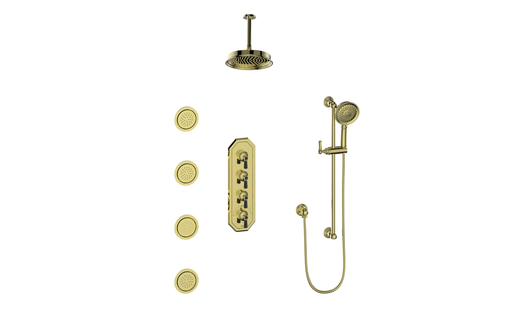Vogt Carinthia 3/4" High-Flow Thermostatic Shower System with Body Jets, 6" Ceiling Arm, in Brushed Gold & Matte Black with Octagonal Handle – SET.C2.350.936.BGB