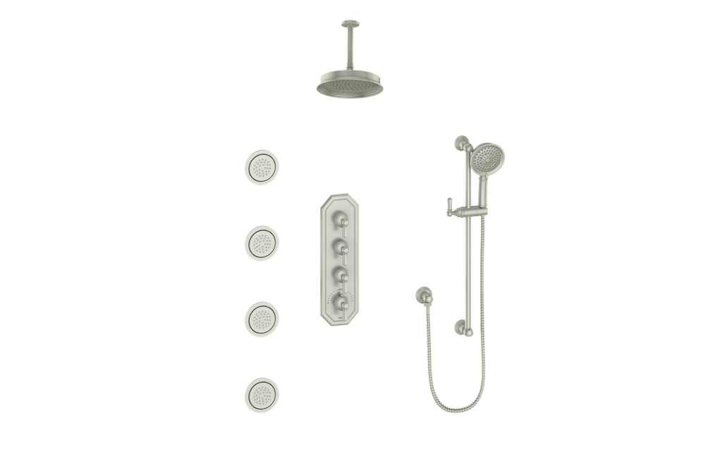 Vogt Carinthia 3/4" High-Flow Thermostatic Shower System with Body Jets, 6" Ceiling Arm, in Brushed Nickel with Octagonal Handle – SET.C2.350.936.BN