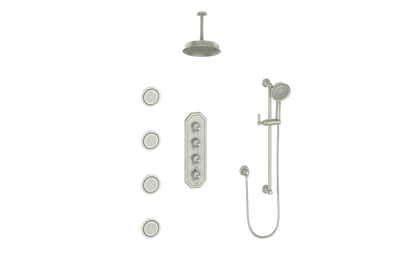 Vogt Carinthia 3/4" High-Flow Thermostatic Shower System with Body Jets, 6" Ceiling Arm, in Brushed Nickel with Octagonal Handle – SET.C2.350.936.BN