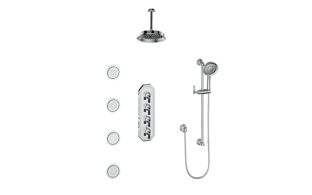 Vogt Carinthia 3/4" High-Flow Thermostatic Shower System with Body Jets, 6" Ceiling Arm, in Chrome & Matte Black with Octagonal Handle – SET.C2.350.936.CB