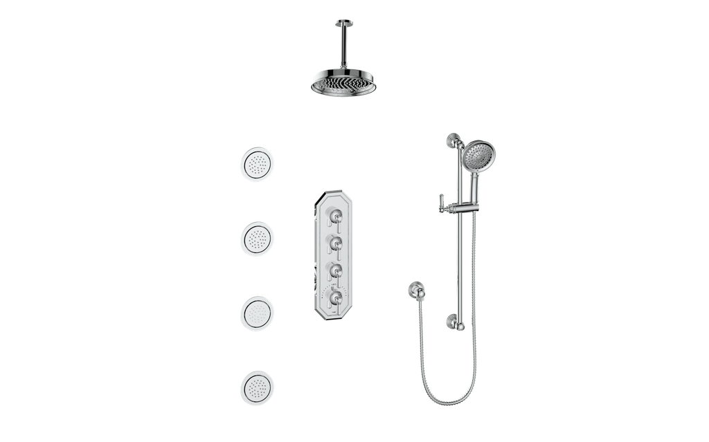 Vogt Carinthia 3/4" High-Flow Thermostatic Shower System with Body Jets, 6" Ceiling Arm, in Polished Chrome with Octagonal Handle – SET.C2.350.936.CC