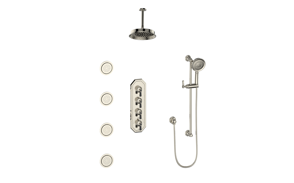 Vogt Carinthia 3/4" High-Flow Thermostatic Shower System with Body Jets, 6" Ceiling Arm, in Polished Nickel & Matte Black with Octagonal Handle – SET.C2.350.936.PB