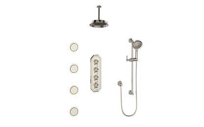 Vogt Carinthia 3/4" High-Flow Thermostatic Shower System with Body Jets, 6" Ceiling Arm, in Polished Nickel with Octagonal Handle – SET.C2.350.936.PN