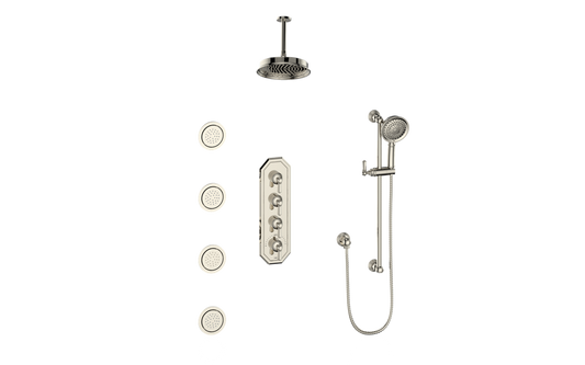 Vogt Carinthia 3/4" High-Flow Thermostatic Shower System with Body Jets, 6" Ceiling Arm, in Polished Nickel with Octagonal Handle – SET.C2.350.936.PN
